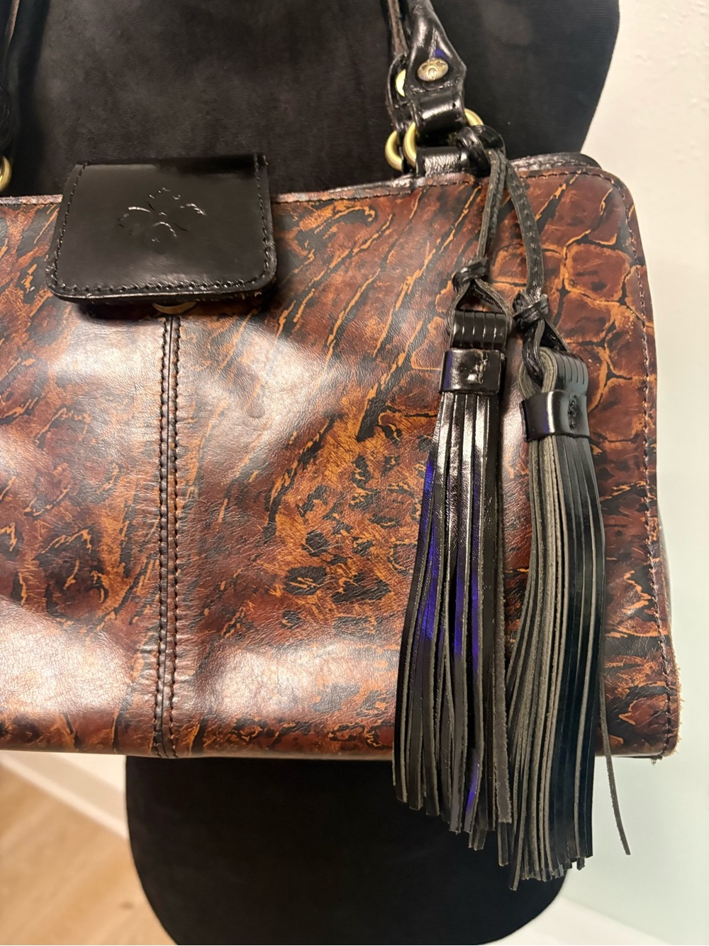 Patricia Nash Brown Leopard-Print Leather Satchel with Tassels - Picture 3 of 15